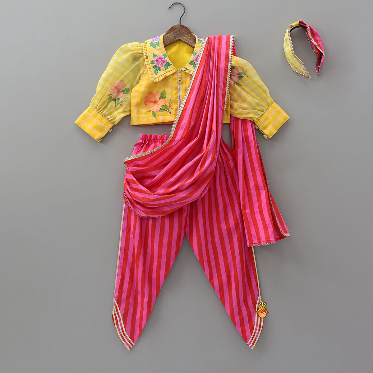 Collar Neck Crop Top And Dhoti Style Pant With Detachable Dupatta And Hair Band