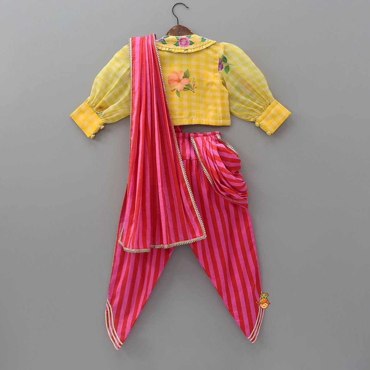 Collar Neck Crop Top And Dhoti Style Pant With Detachable Dupatta And Hair Band