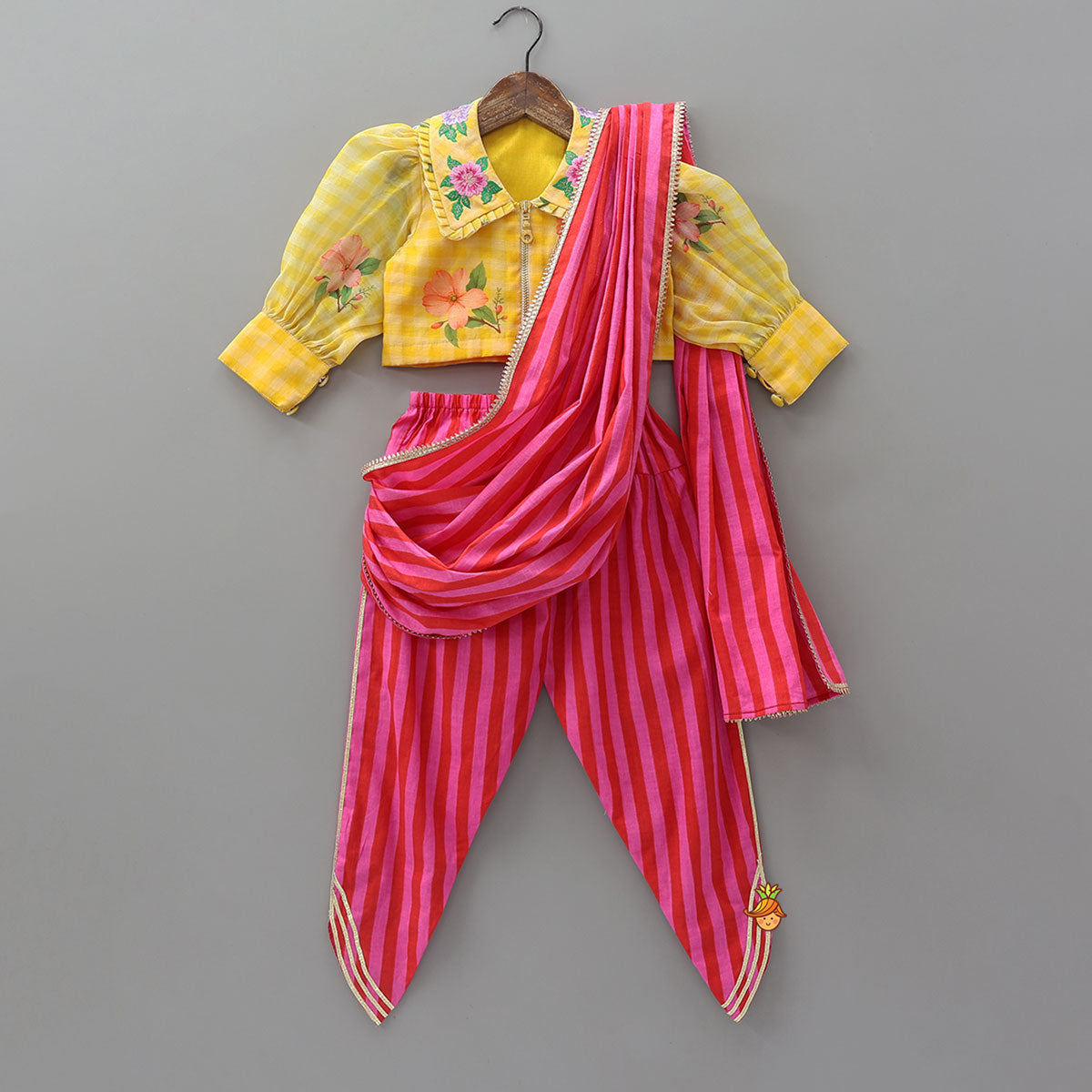 Collar Neck Crop Top And Dhoti Style Pant With Detachable Dupatta And Hair Band