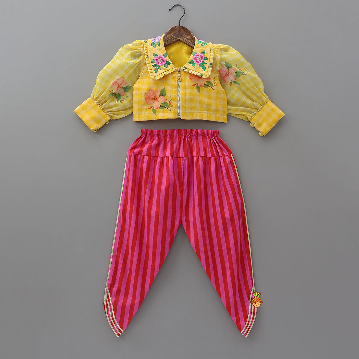 Collar Neck Crop Top And Dhoti Style Pant With Detachable Dupatta And Hair Band