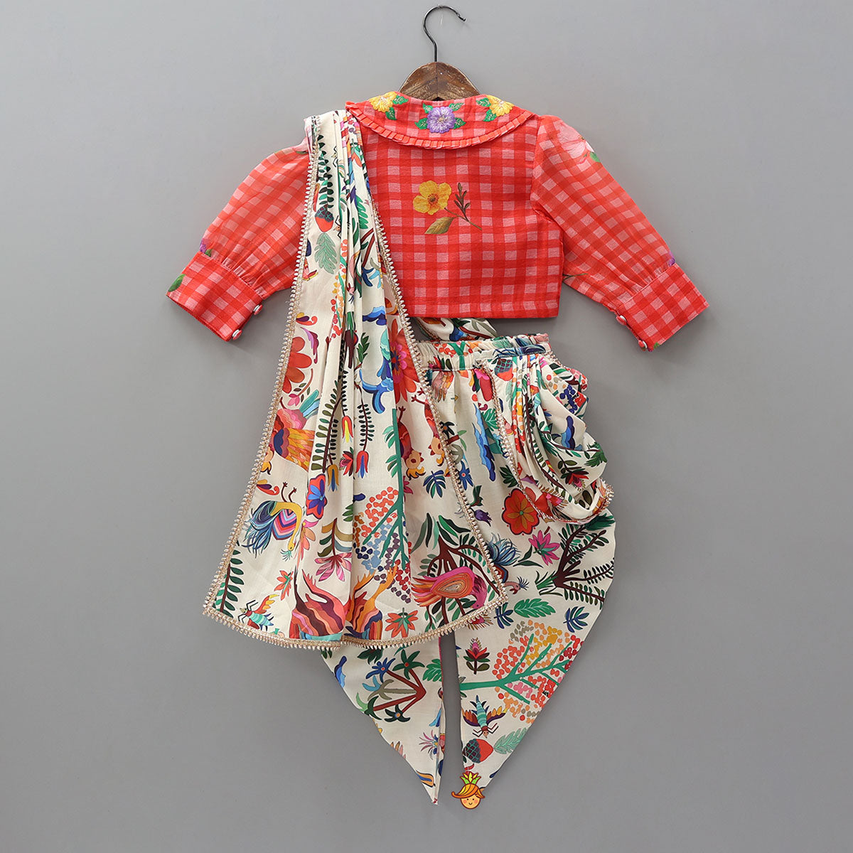 Floral Jacket Style Top And Dhoti With Dupatta And Hair Band