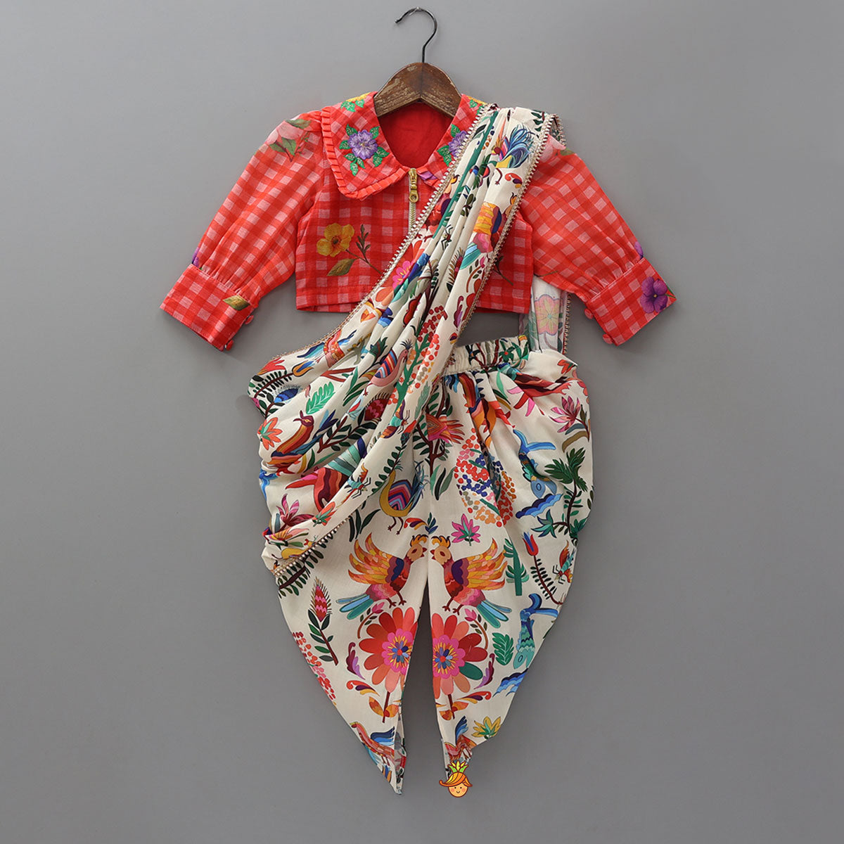 Floral Jacket Style Top And Dhoti With Dupatta And Hair Band