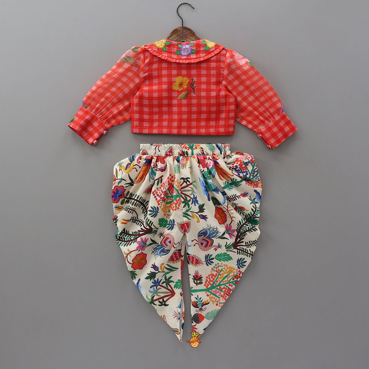 Floral Jacket Style Top And Dhoti With Dupatta And Hair Band