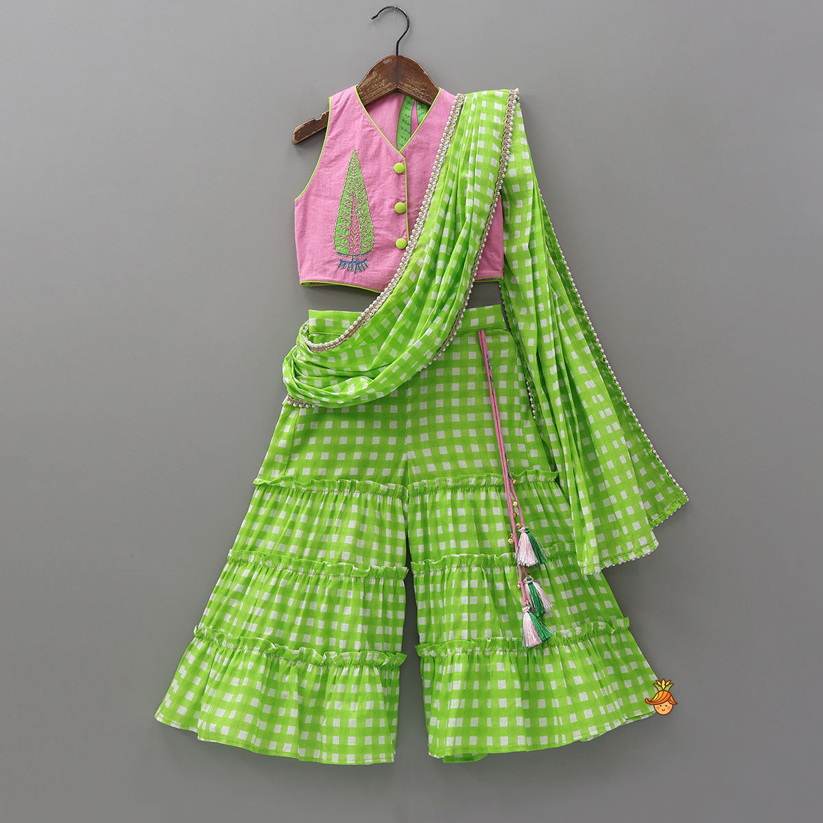 Pretty Zari Embroidered Top And Saree Style Sharara With Detachable Dupatta And Matching Hairband