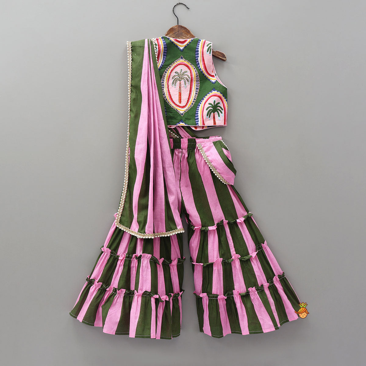 Front Open Crop Top And Sharara With Detachable Dupatta And Hair Band