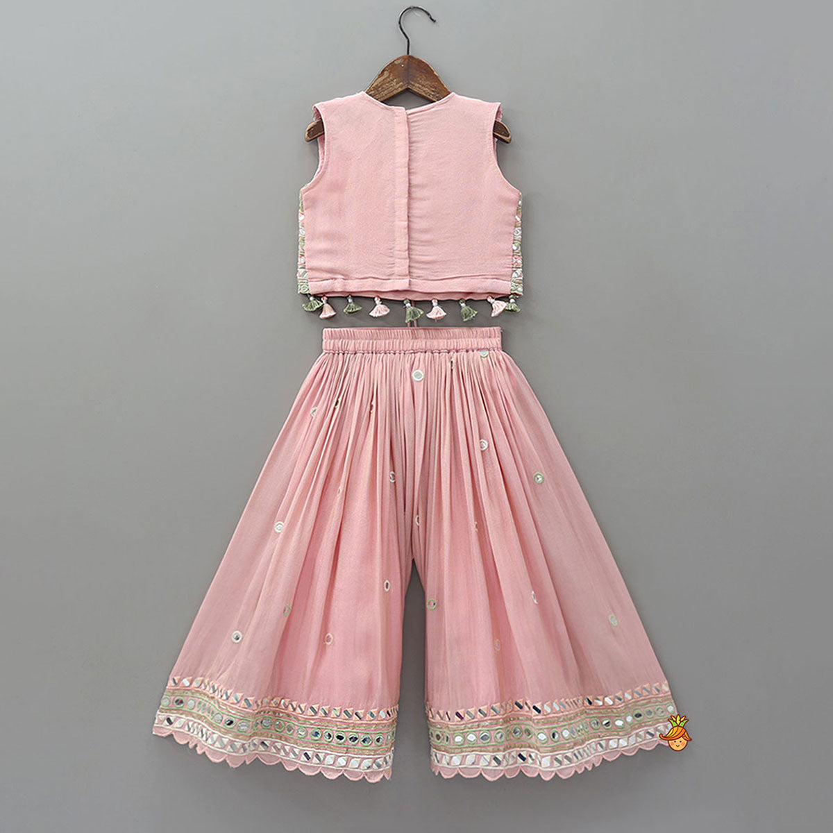 Faux Mirror Work Shimmery Crop Top And Matching Palazzo With Dupatta