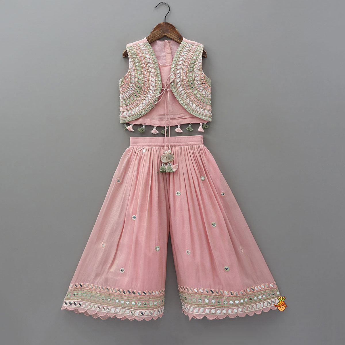 Faux Mirror Work Shimmery Crop Top And Matching Palazzo With Dupatta