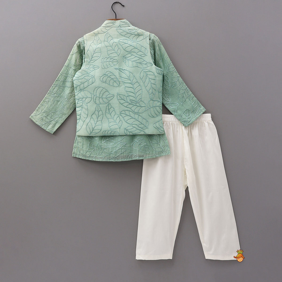 Leaf Motif Embroidered Kurta With Jacket And Pyjama