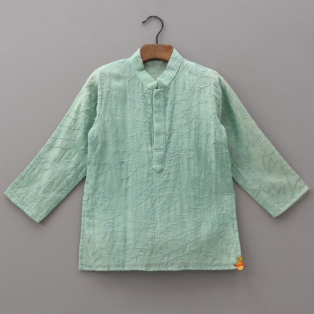 Leaf Motif Embroidered Kurta With Jacket And Pyjama