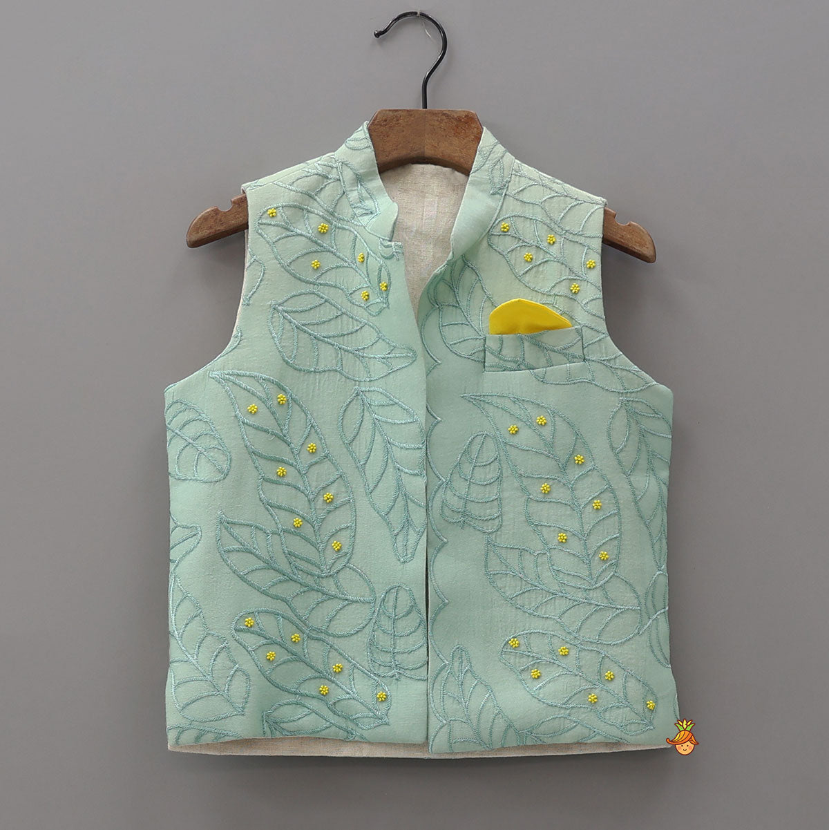 Leaf Motif Embroidered Kurta With Jacket And Pyjama