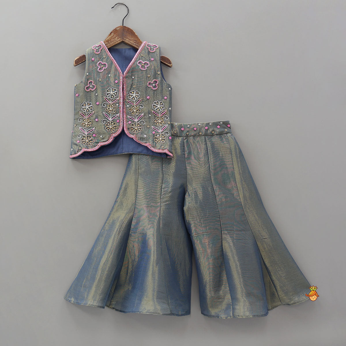 Floral Embroidered Jacket Style Top With Flared Palazzo
