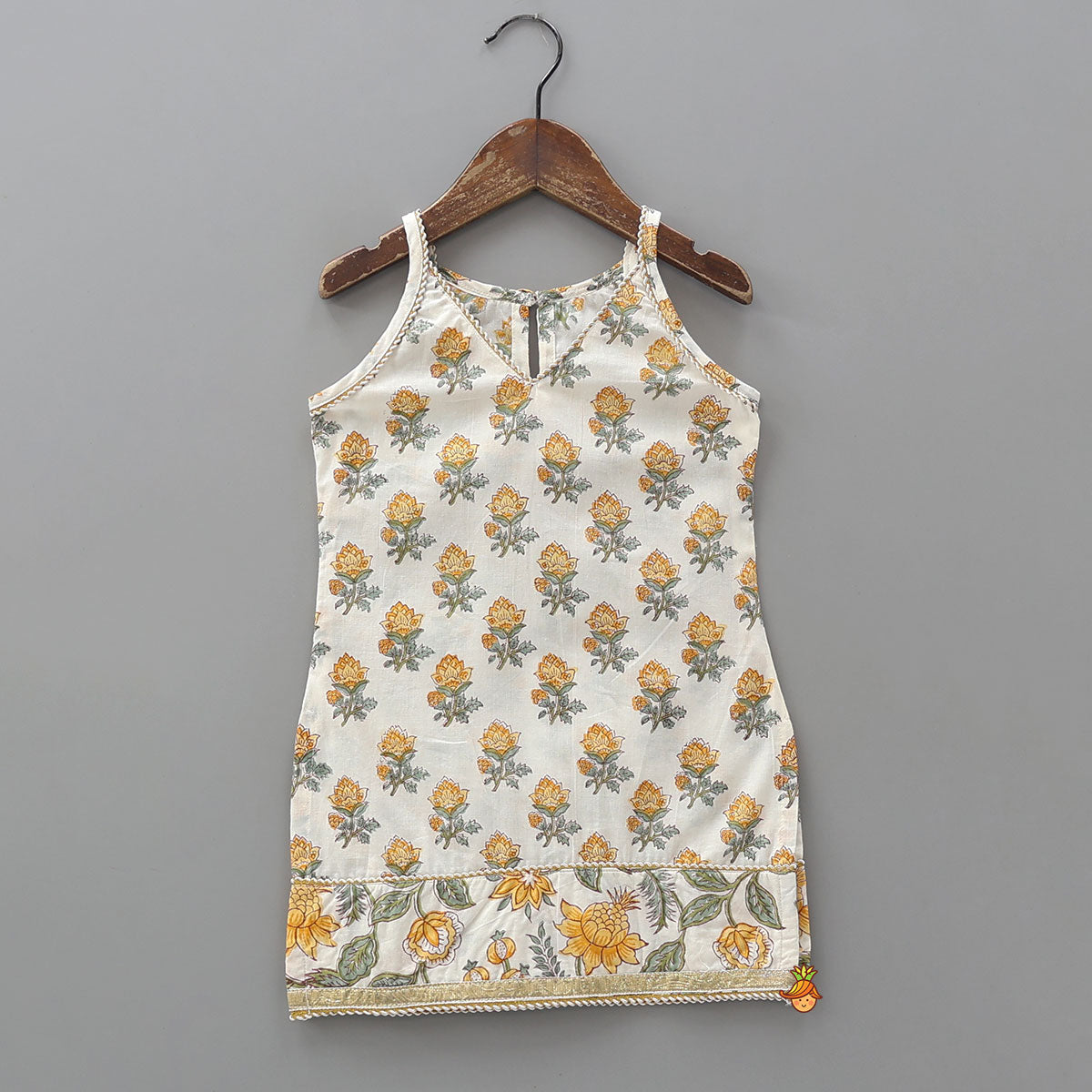 Floral Printed Cotton Kurti And Pant With Lurex Striped Matching Dupatta