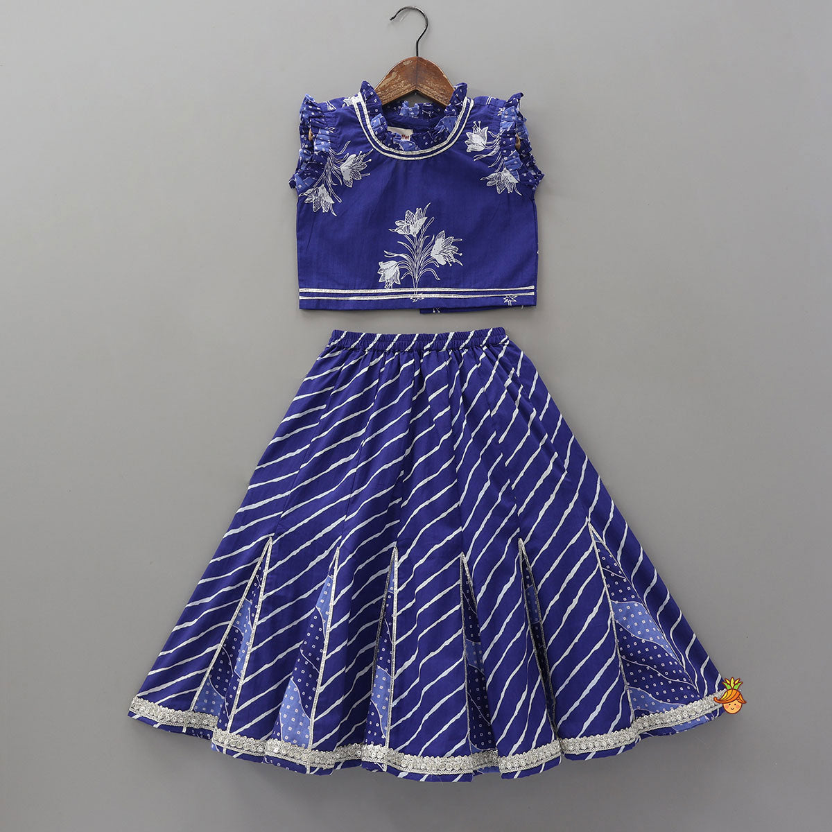 Ruffle Neck Crop Top And Leheriya Print Lehenga