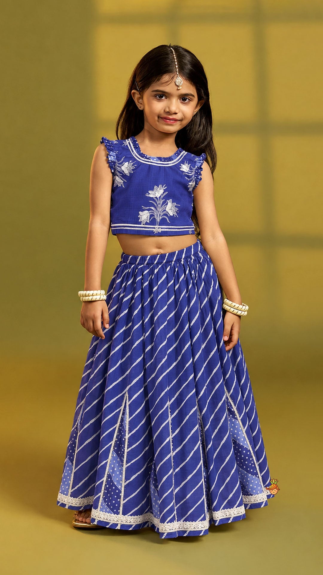 Ruffle Neck Crop Top And Leheriya Print Lehenga