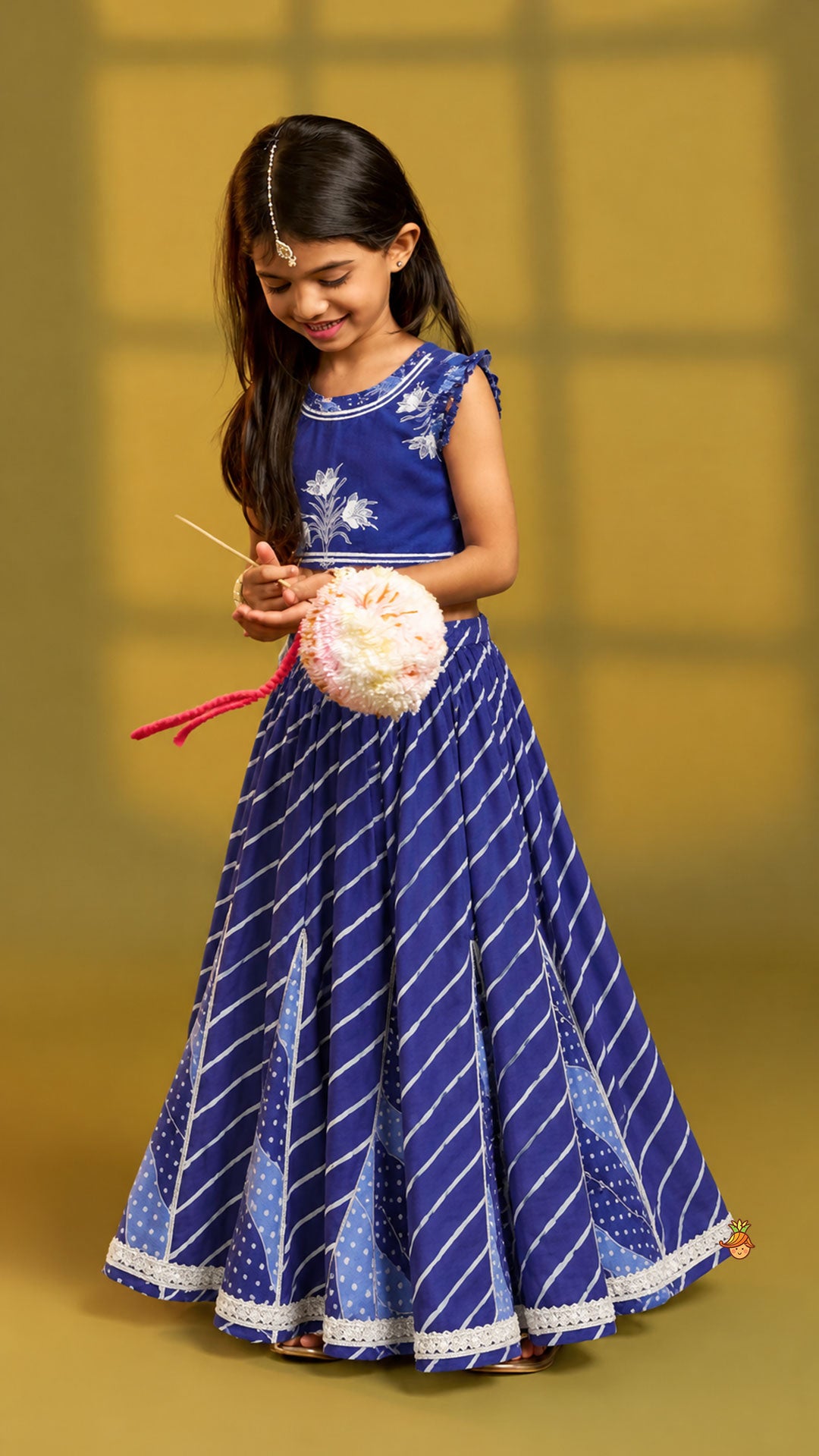 Ruffle Neck Crop Top And Leheriya Print Lehenga