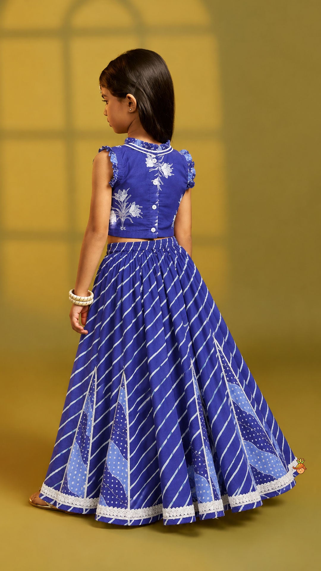 Ruffle Neck Crop Top And Leheriya Print Lehenga