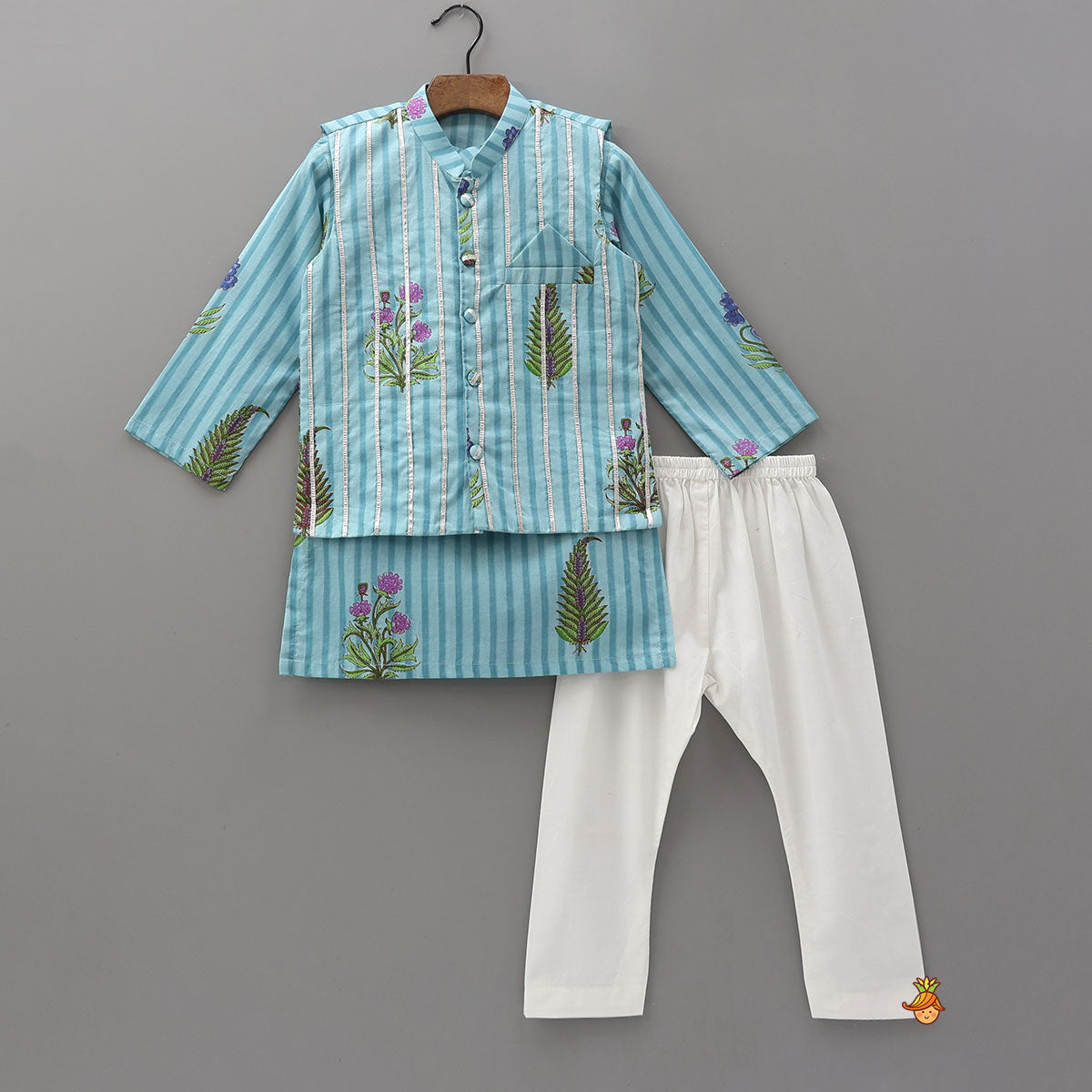 Soft Cotton Printed Ethnic Kurta With Jacket And Pyjama