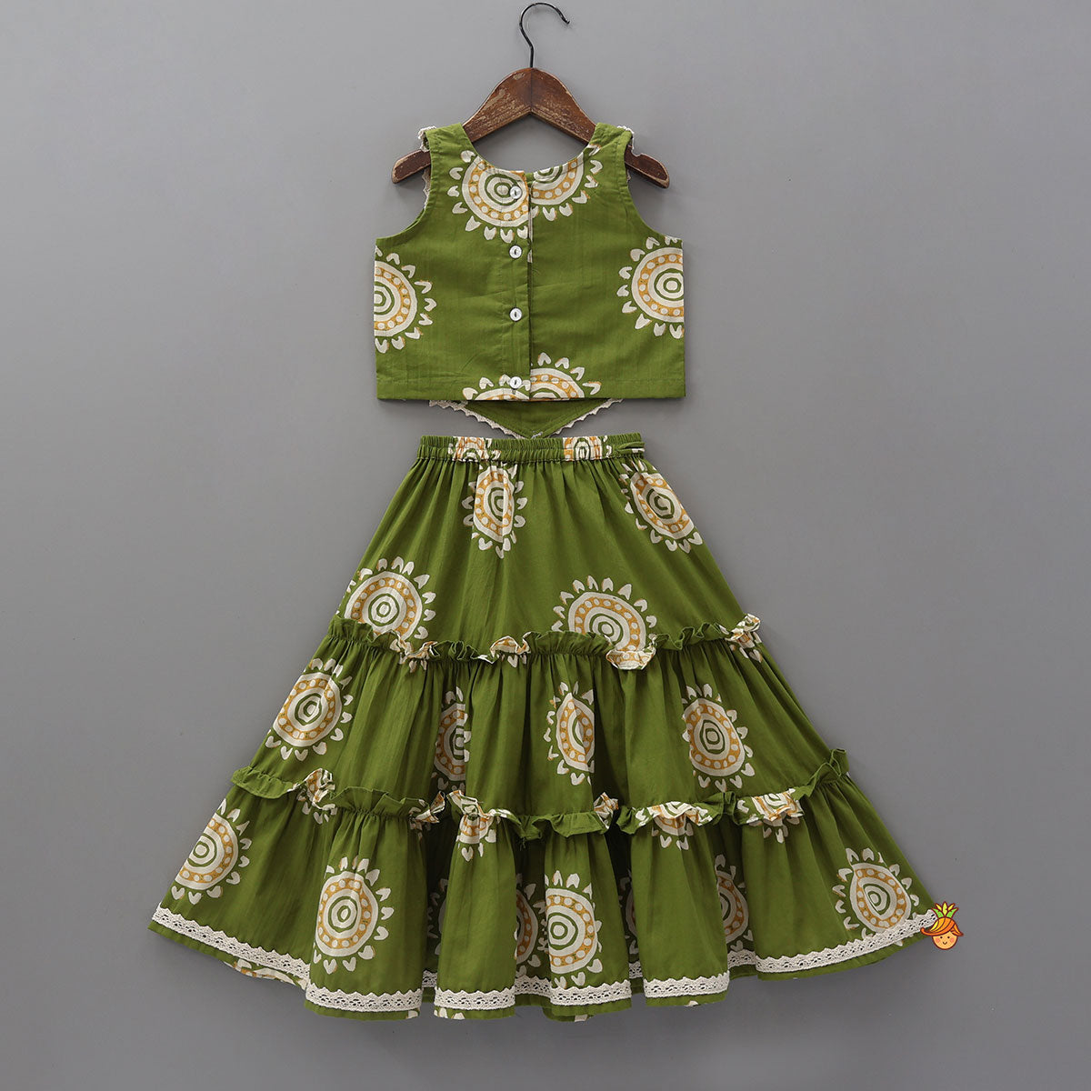 Stylish Hem Printed Crop Top With Tiered Lehenga