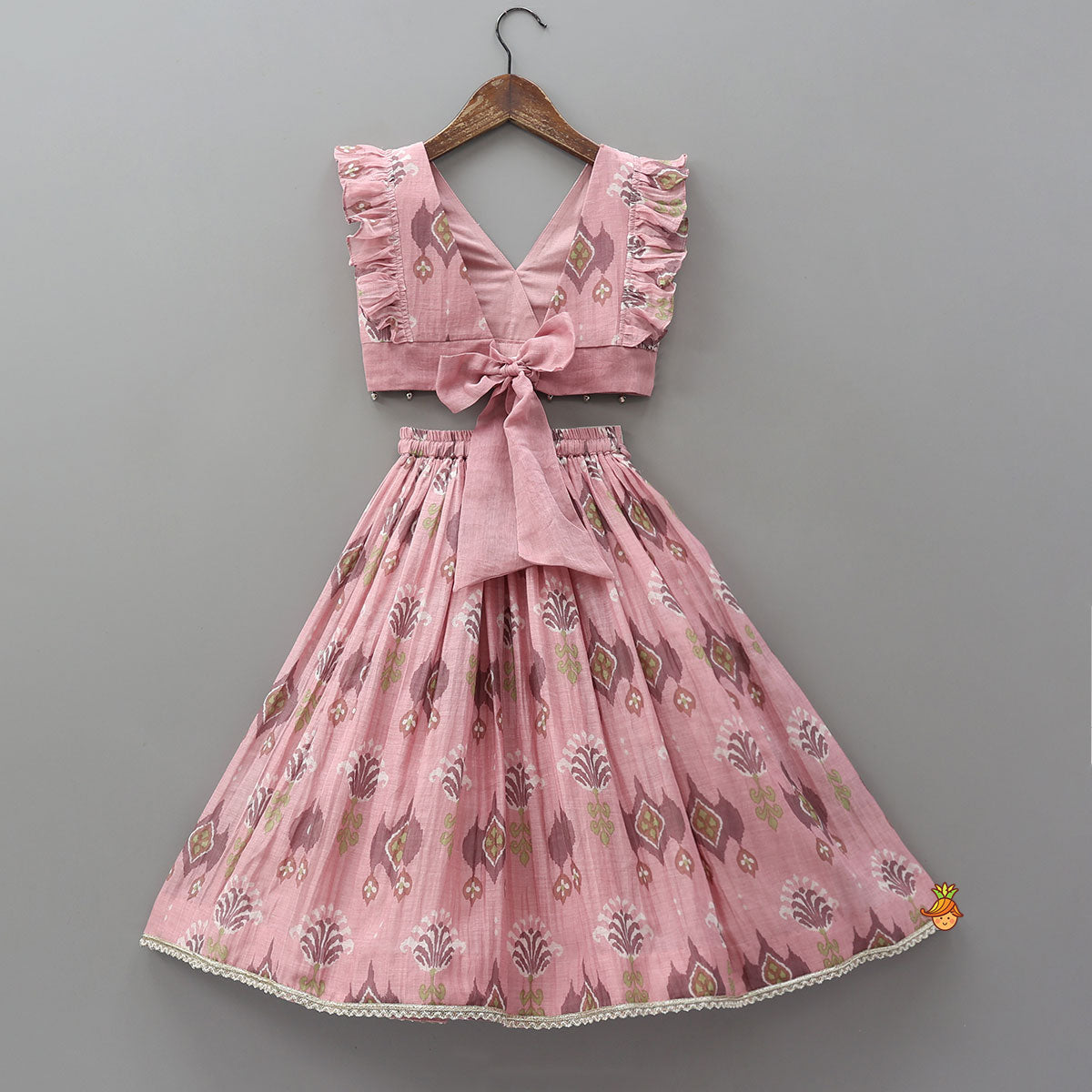Printed Mul Chanderi Ruffle Crop Top And Lehenga