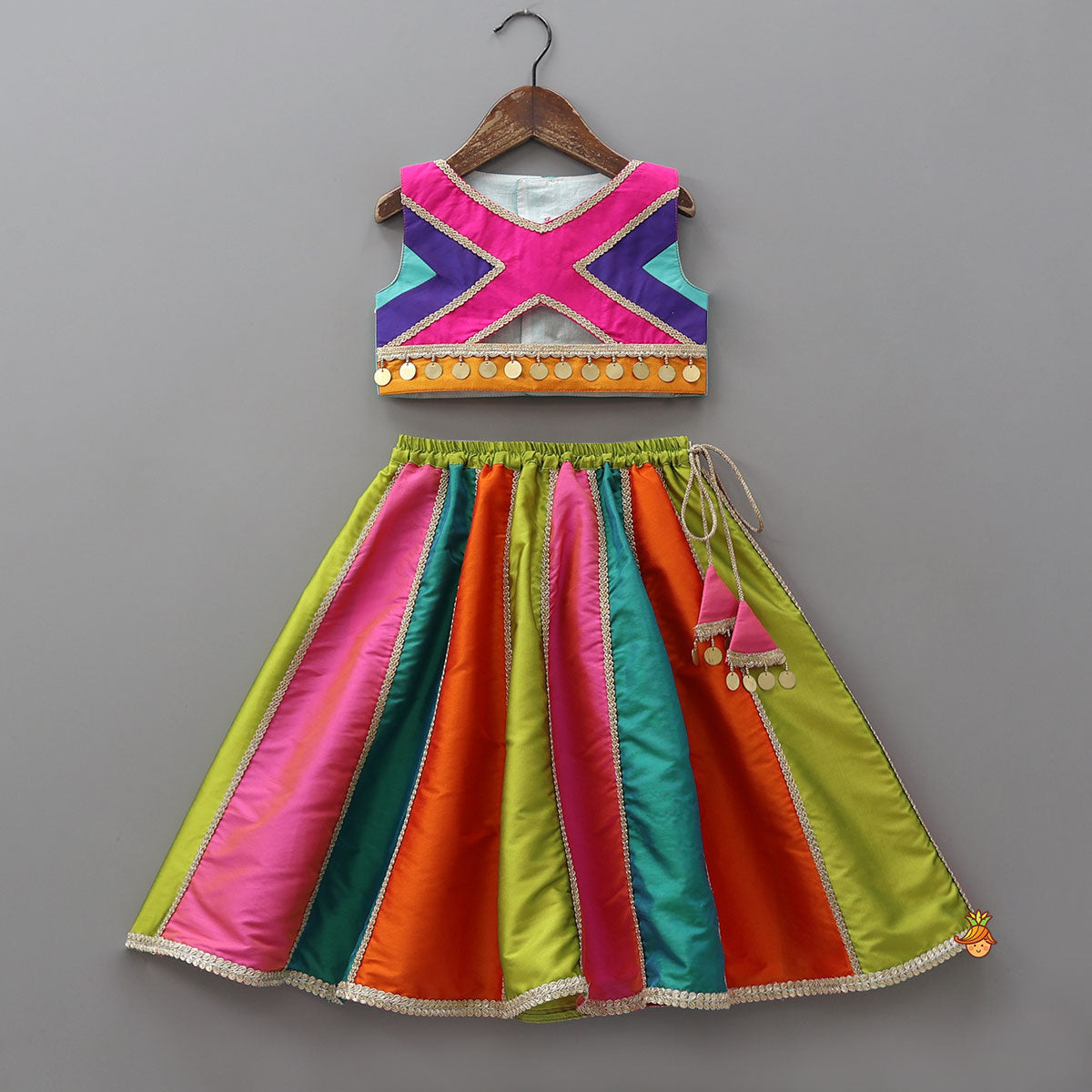 Embellished Crop Top With Panelled Lehenga And Dupatta