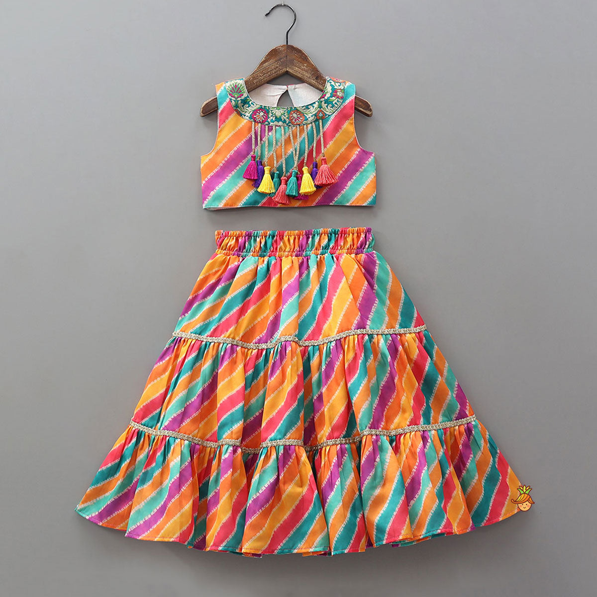 Printed Crop Top With Tiered Lehenga And Dupatta