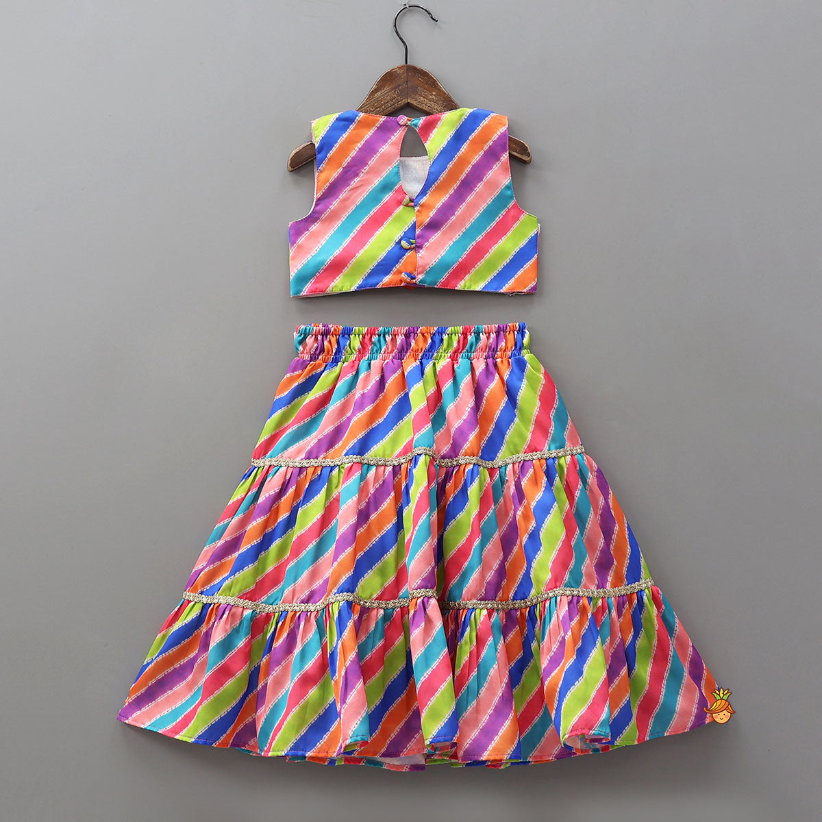 Striped Crop Top With Layered Lehenga And Dupatta
