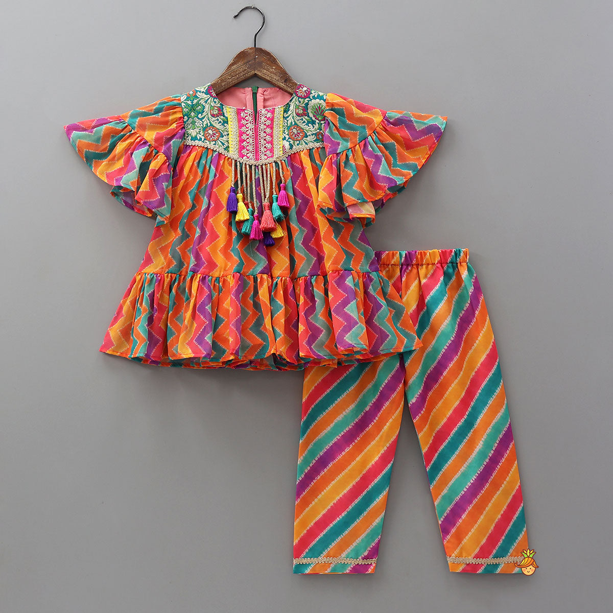 Embroidered Yoke Kurti With Printed Pants