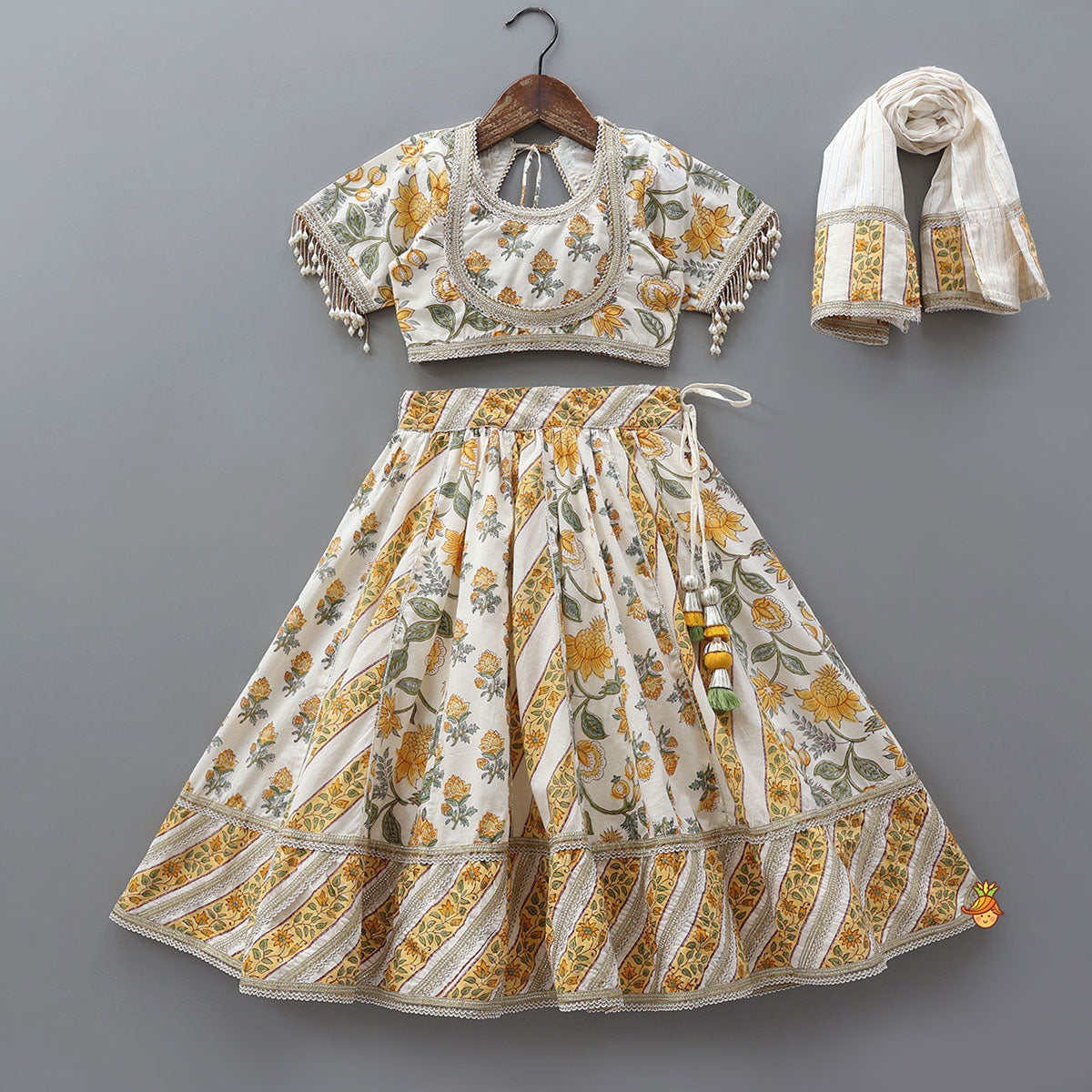 Floral Hand Block Printed Crop Top With Lehenga And Dupatta