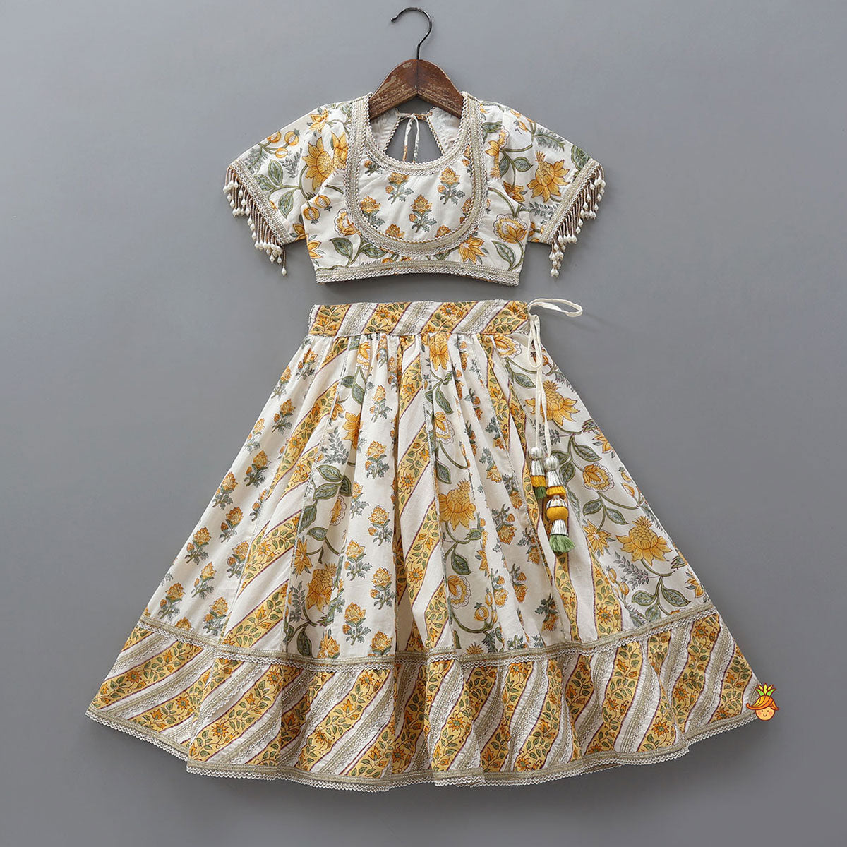 Floral Hand Block Printed Crop Top With Lehenga And Dupatta
