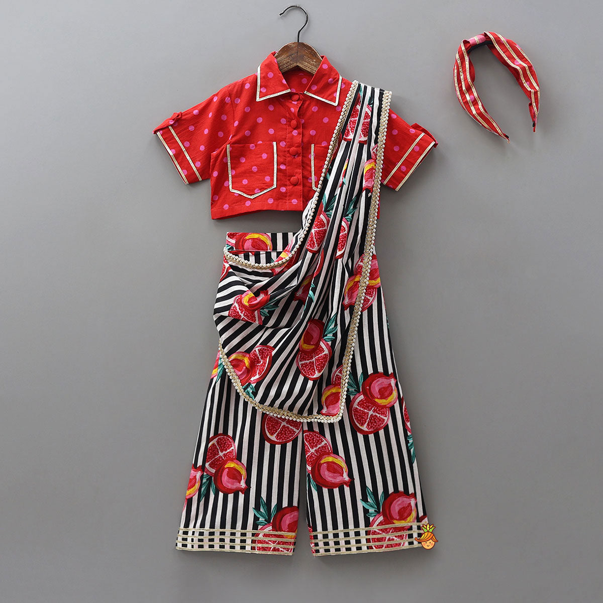 Elegant Shirt Style Top And Pant With Attached Dupatta And Hair Band