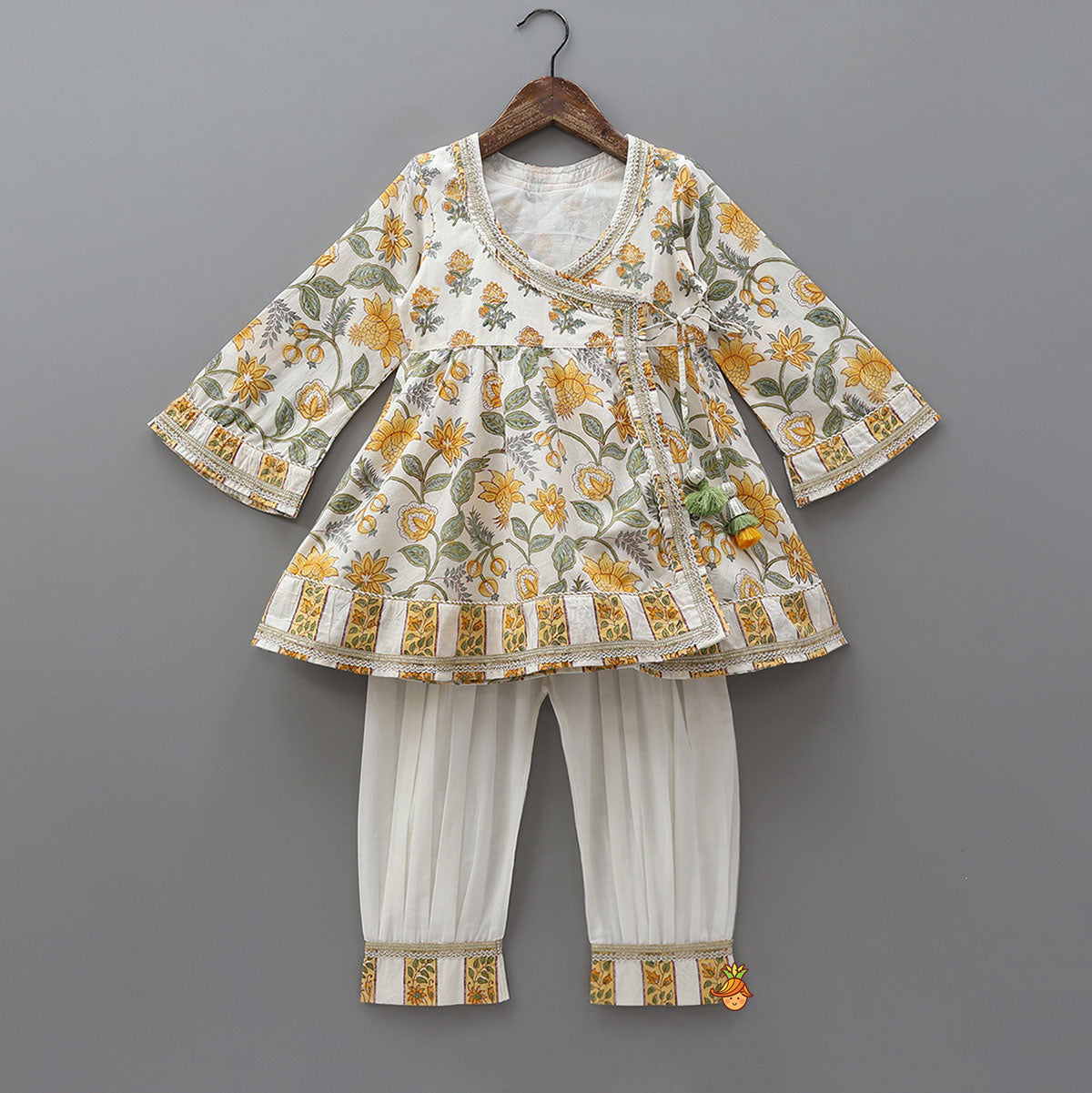 Hand Block Printed Lace Detailed Angrakha Kurti With Salwar And Dupatta