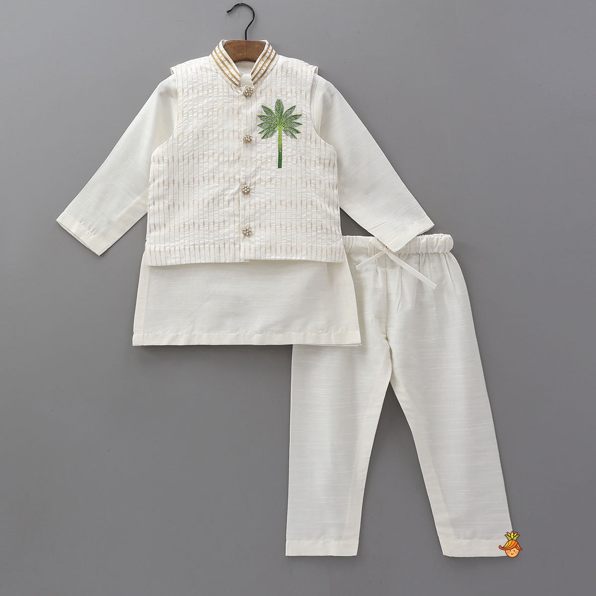 Kurta With Palm Tree Embroidered Bundi Jacket And Pyjama