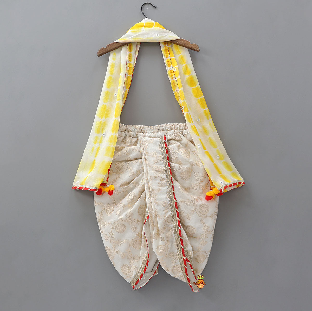 Festive Floral Brocade Dhoti Set With Tie Dye Stole And Waist Belt