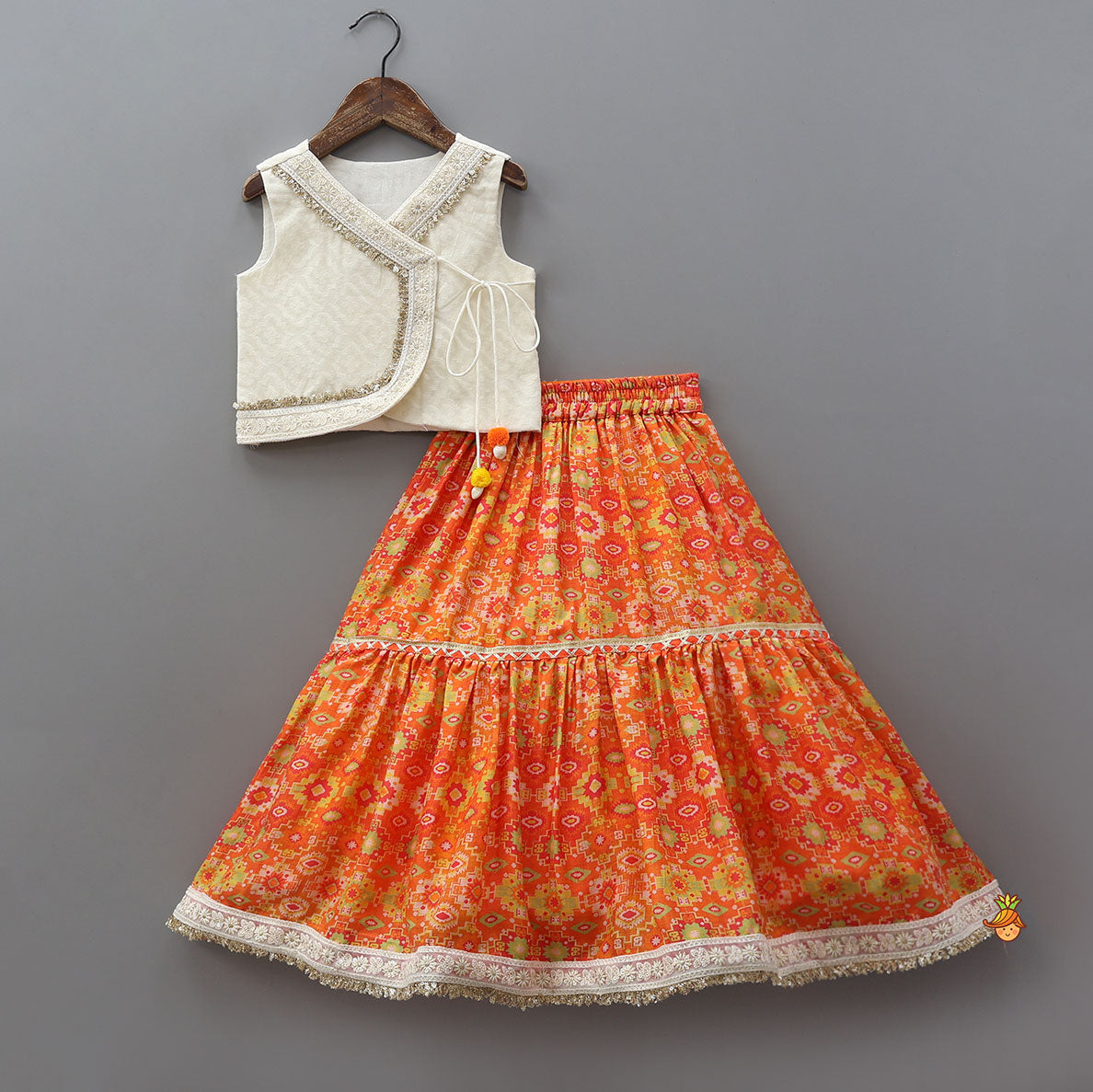 Lace detailed Angarakha Top With Printed Lehenga