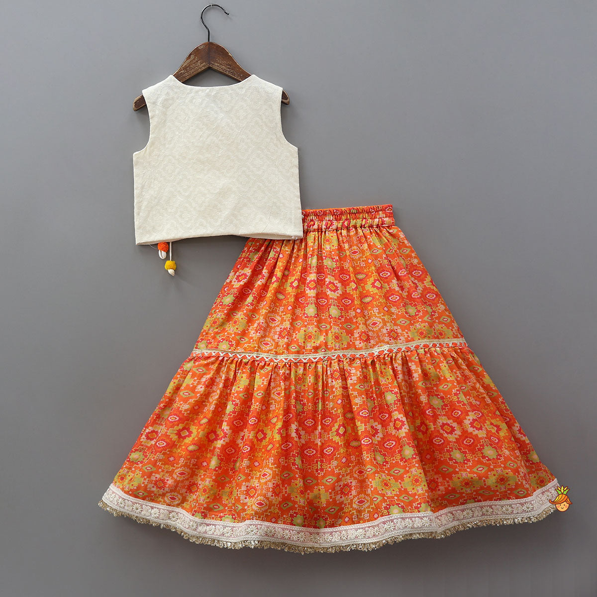 Lace detailed Angarakha Top With Printed Lehenga