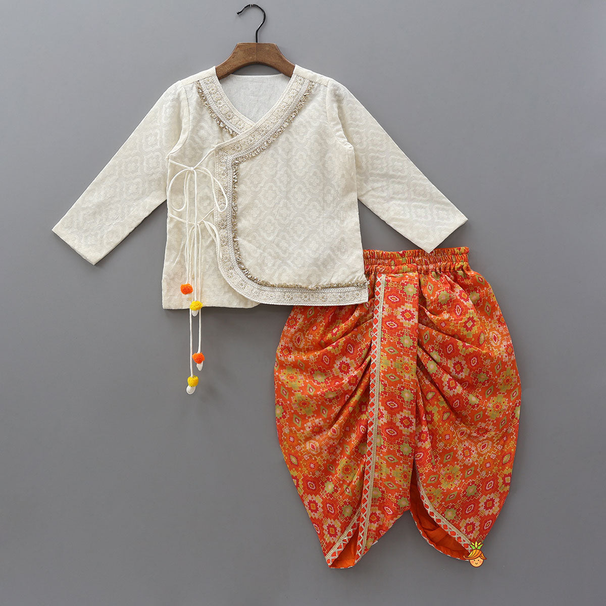Lace Detailed Angarakha Kurta With Printed Dhoti