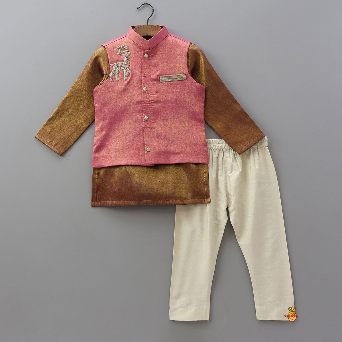Shimmery Kurta With Patchwork Detailed Jacket And Pyjama