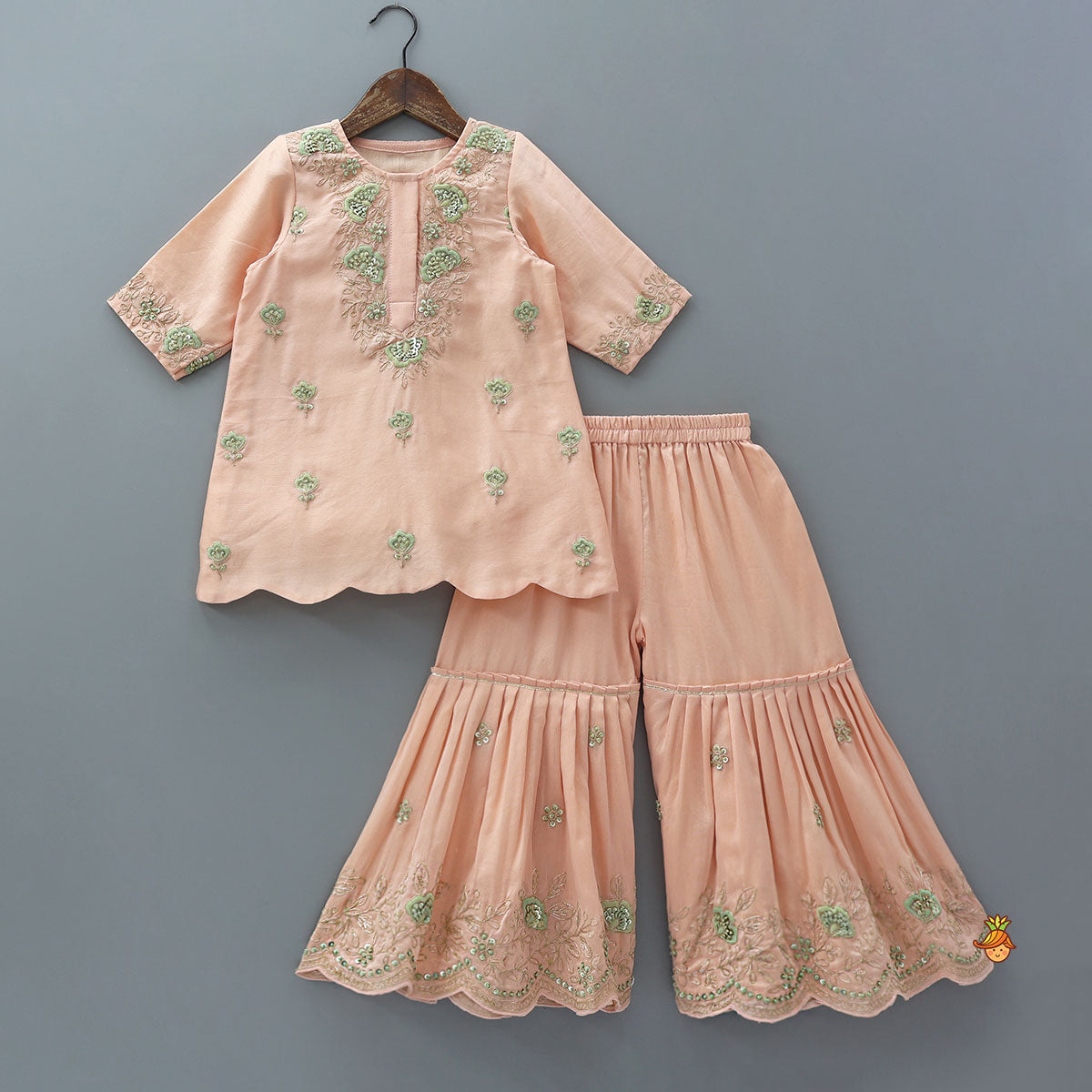 Floral Intricate Zari Embroidered Kurti And Sharara
