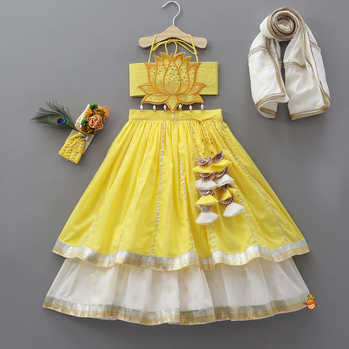 Lotus Applique Work Crop Top And Layered Lehenga With Dupatta And Matching Headband