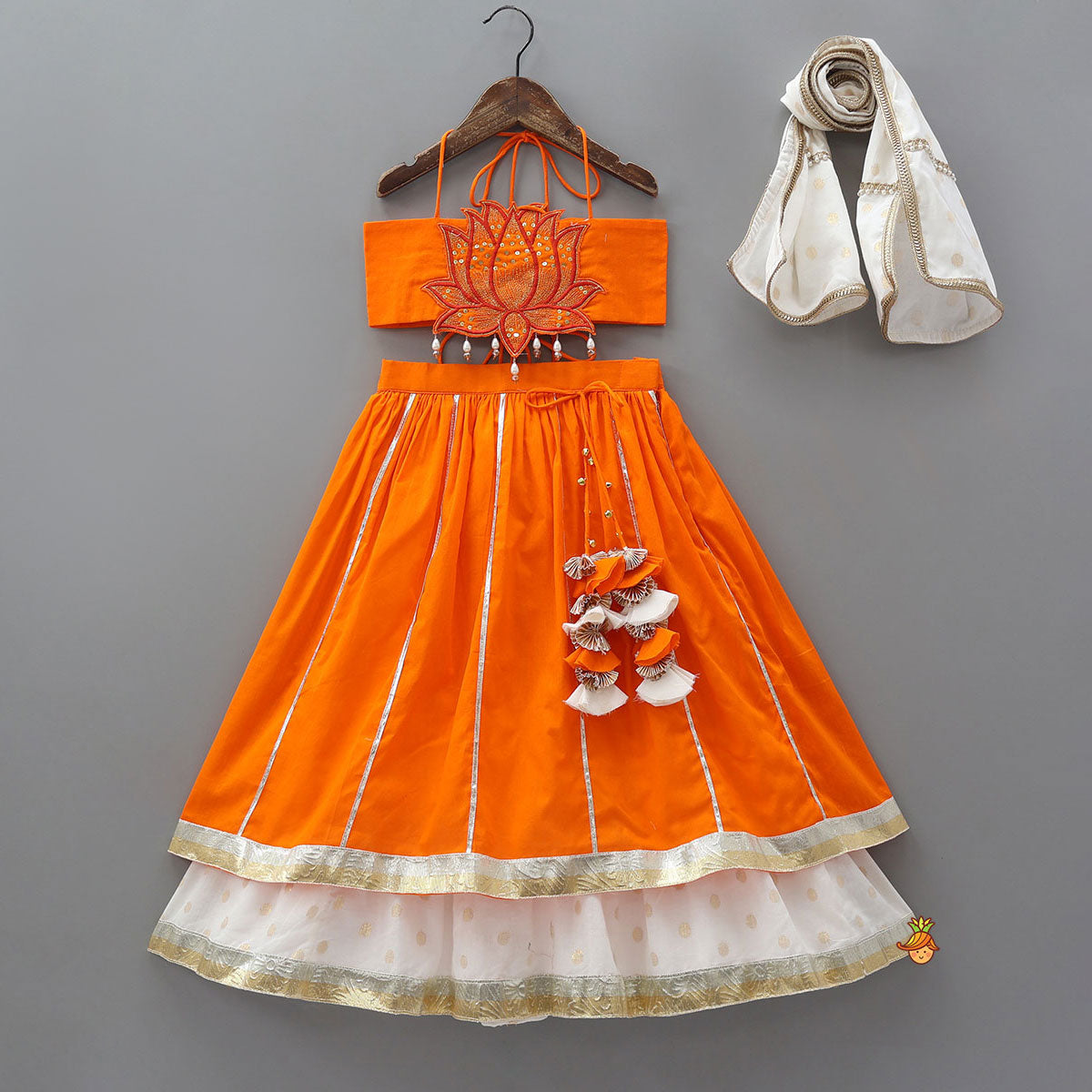 Lotus Applique Work Cotton Crop Top And Layered Lehenga With Dupatta