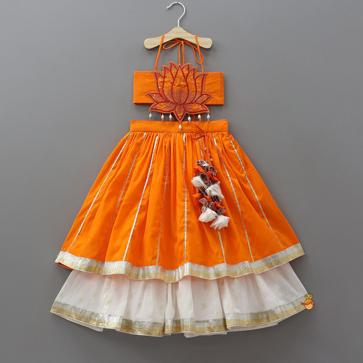 Lotus Applique Work Cotton Crop Top And Layered Lehenga With Dupatta And Matching Headband