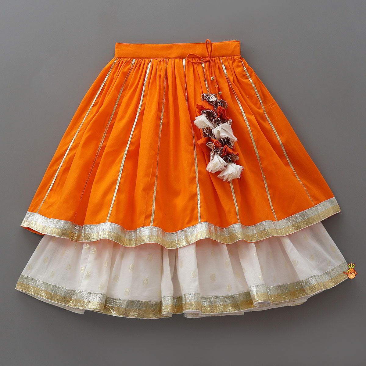 Lotus Applique Work Cotton Crop Top And Layered Lehenga With Dupatta And Matching Headband
