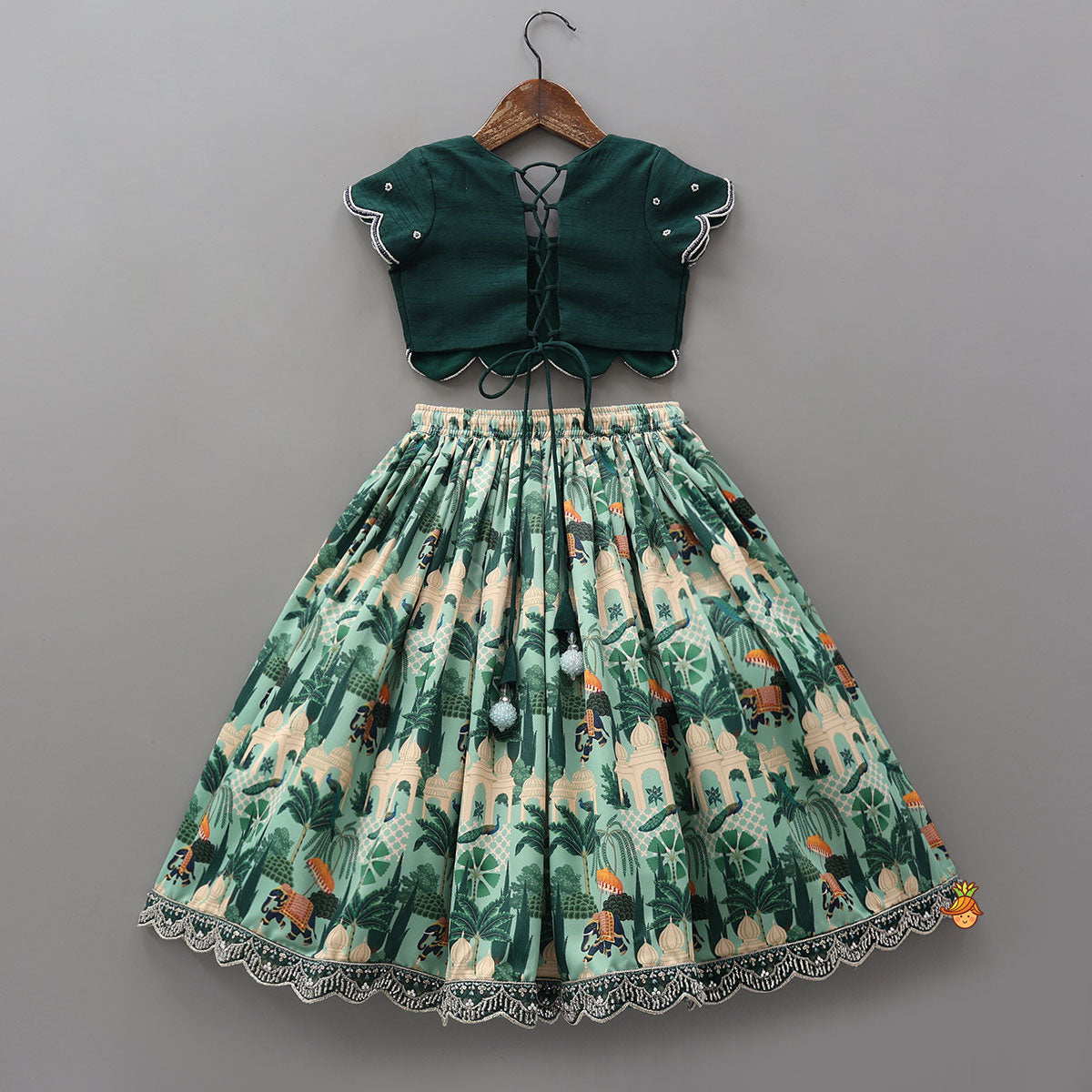 Scalloped Hem Crop Top And Printed Lehenga With Matching Dupatta