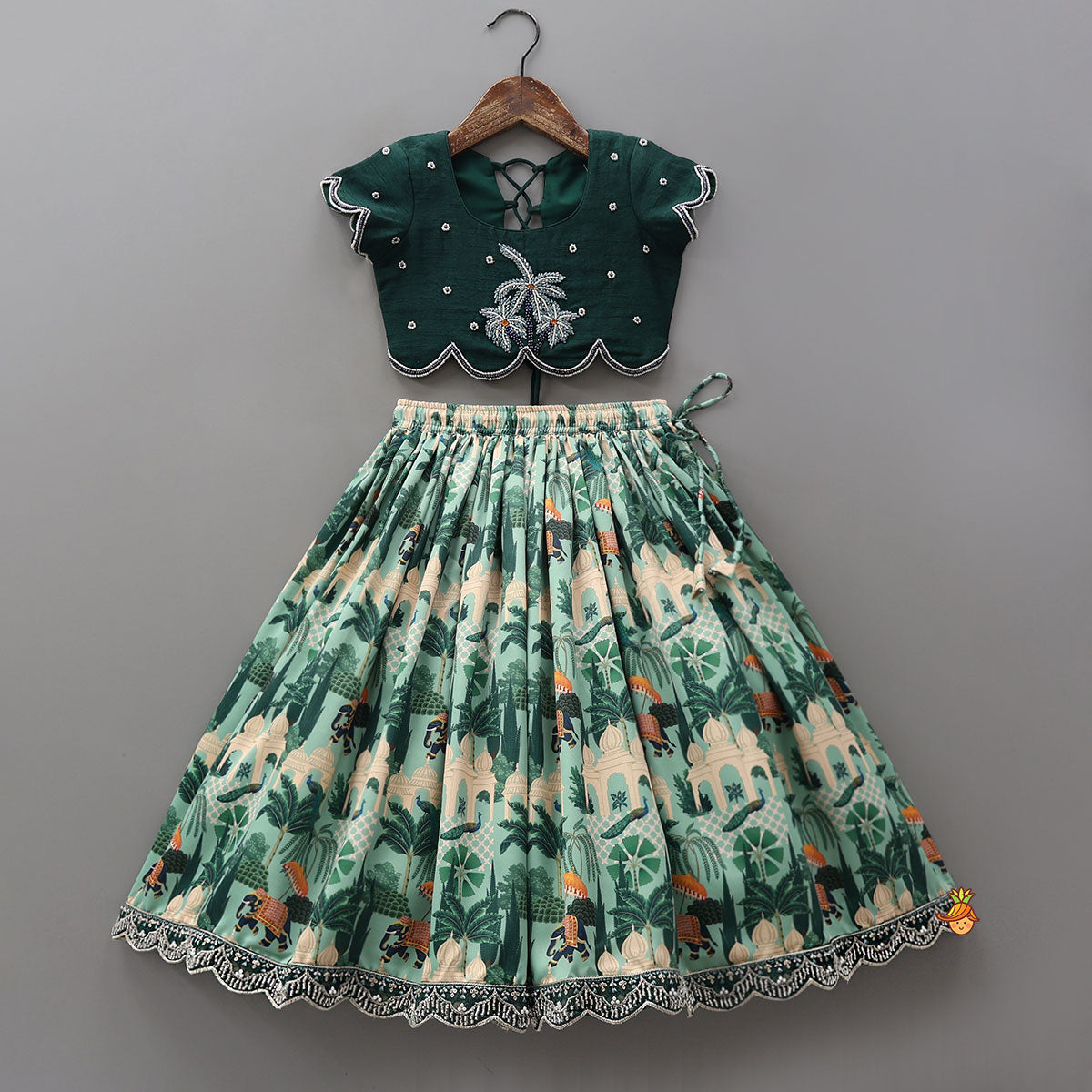 Scalloped Hem Crop Top And Printed Lehenga With Matching Dupatta