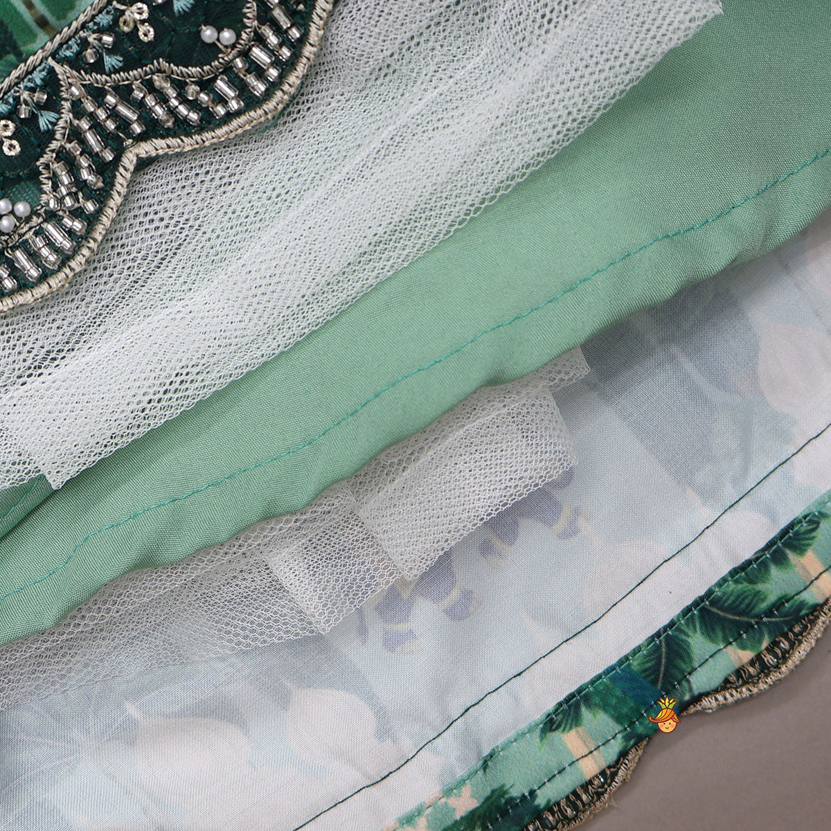 Scalloped Hem Crop Top And Printed Lehenga With Matching Dupatta