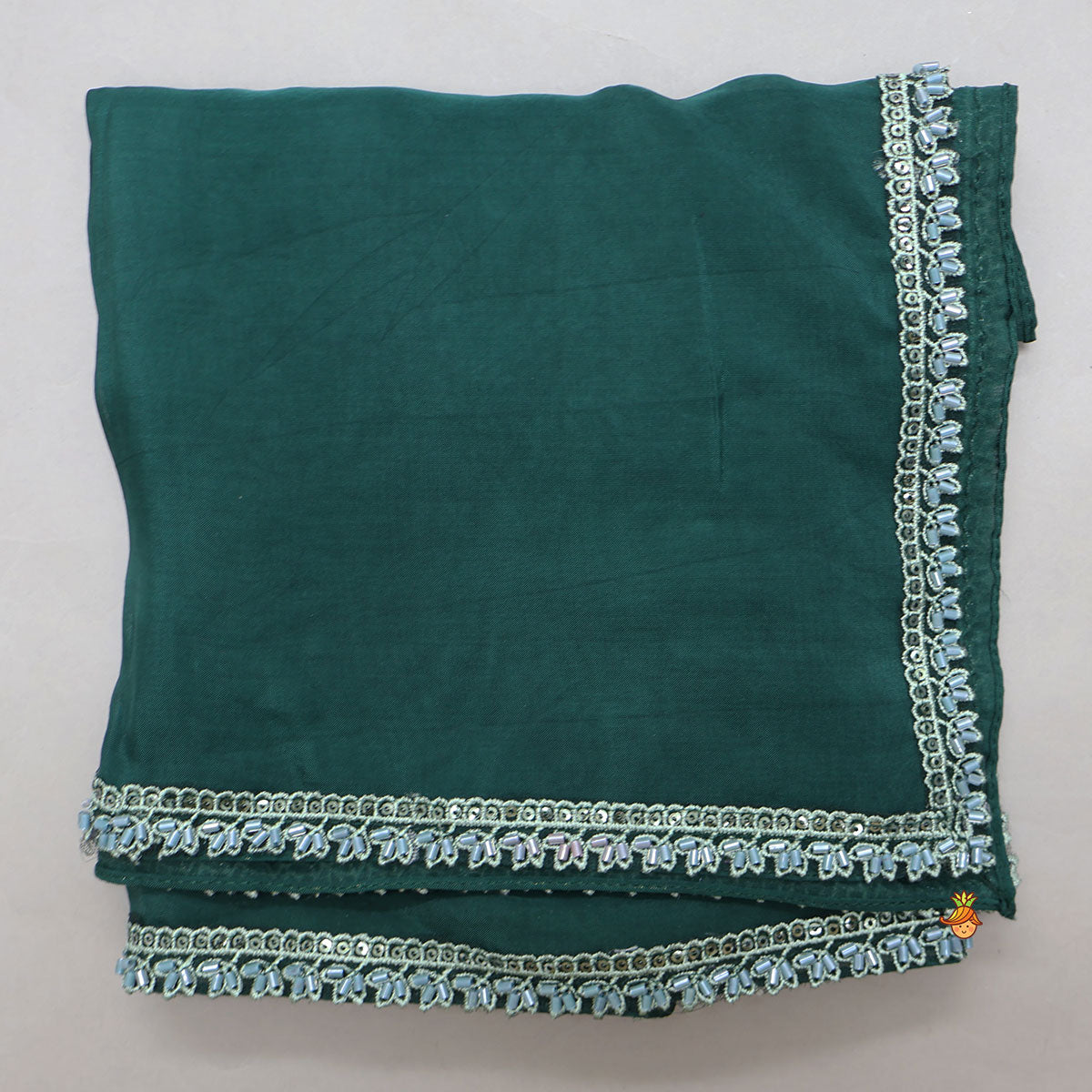Scalloped Hem Crop Top And Printed Lehenga With Matching Dupatta