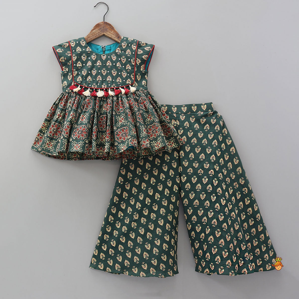 Fringed Yoke Printed Cotton Kurti And Palazzo