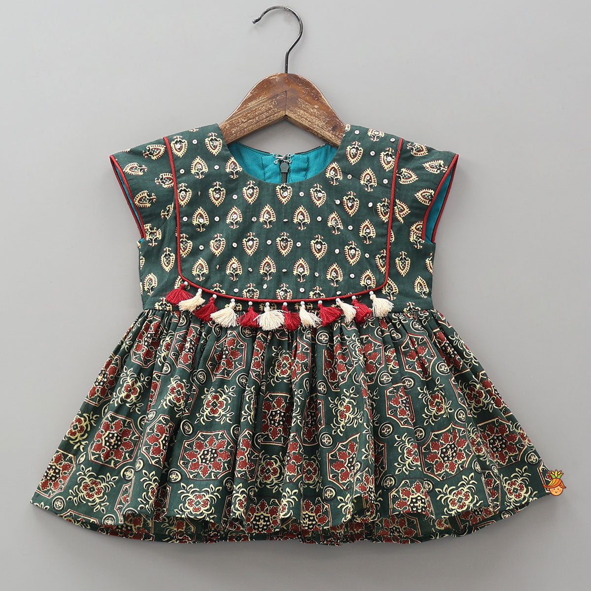 Fringed Yoke Printed Cotton Kurti And Palazzo