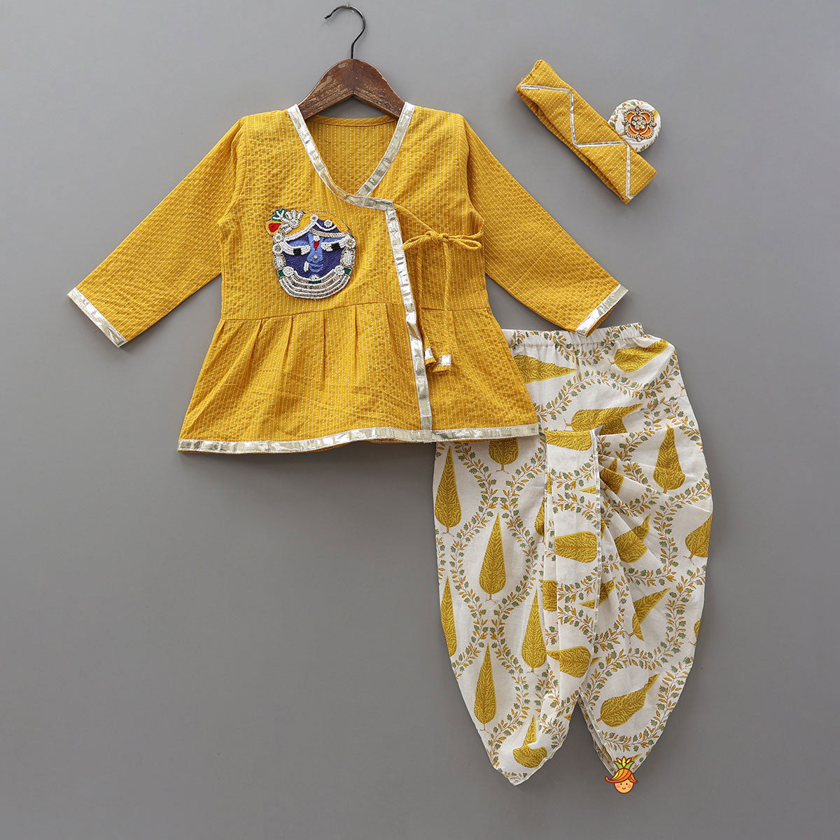 Hand Woven Patch Work Kurta And Dhoti With Matching Head Band