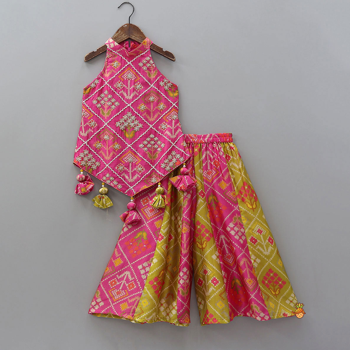 Patola Inspired Embroidered Halter Top With Flared Palazzo